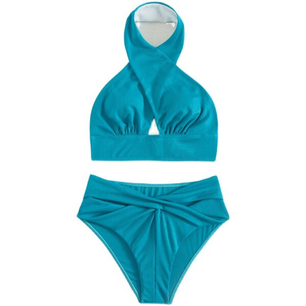 Kétrészes női fürdőruha kereszt pántokkal, magas derékkal