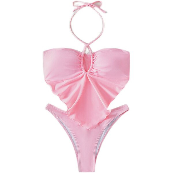 Kétrészes női fürdőruha aszimmetrikus rózsaszín felsővel