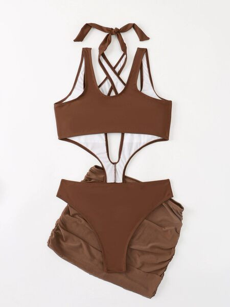 Női teljes fürdőruha kivágott részekkel barna színben