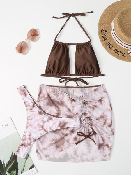 Női fürdőruha barna színben, pareóval