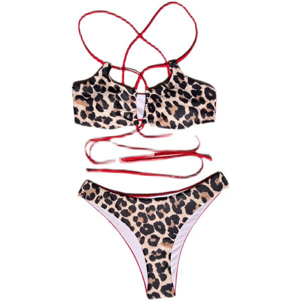 Kétrészes női fürdőruha leopárdmintával és nyakkendővel