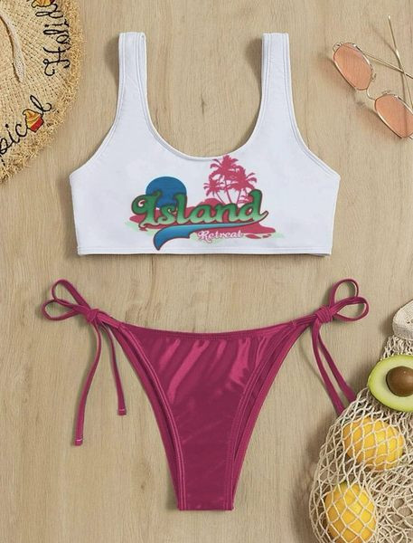 Női fürdőruha két részből - mellszobor felirattal és bikini nyakkendővel