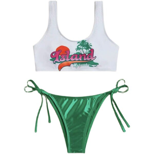 Női fürdőruha két részből - mellszobor felirattal és bikini nyakkendővel