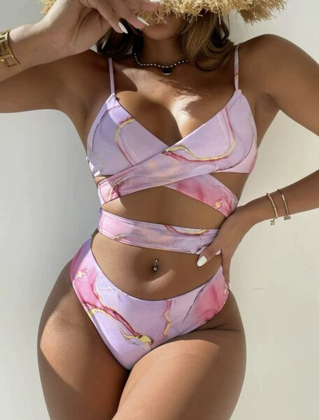 Új, kétrészes fürdőruha magas derékkal és vékony pántokkal nőknek