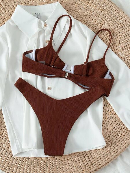 Női kordbársony fürdőruha két részes barna színben