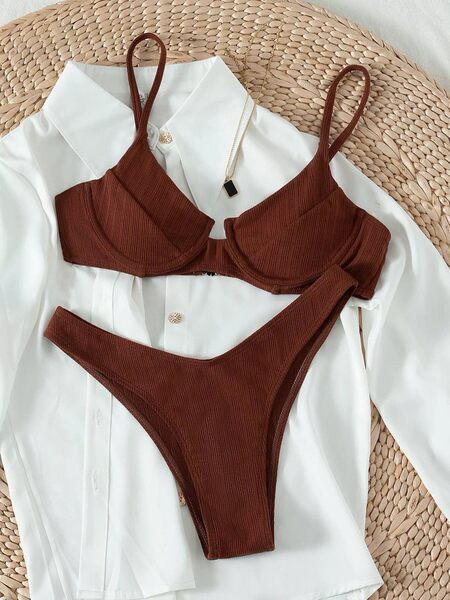 Női kordbársony fürdőruha két részes barna színben
