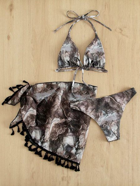 Női fürdőruha háromrészes bikinifelsőben, nyakkendővel és rátéttel ellátott sállal