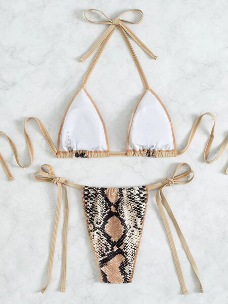 Női fürdőruha nyakkendővel, állatmintával