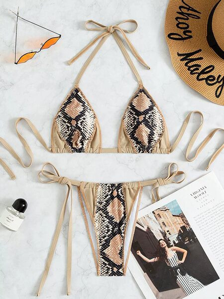 Női fürdőruha nyakkendővel, állatmintával