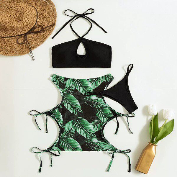 Női fürdőruha fekete színben, nyakkendővel