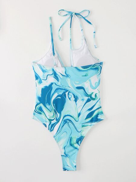 Дамски бански костюм с тънки презрамки в син цвят 