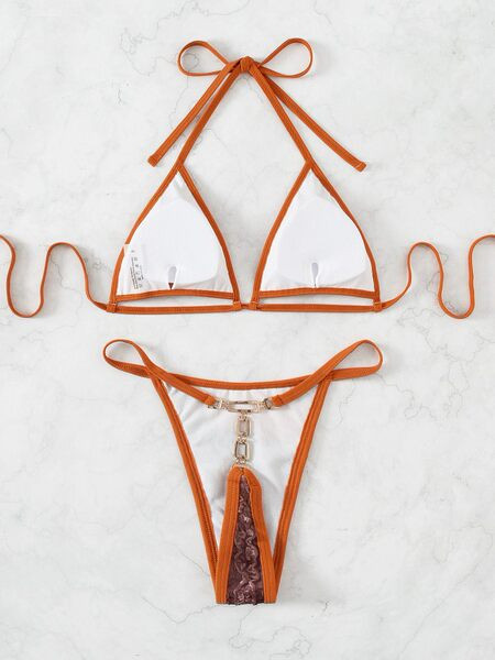 Női fürdőruha két részből, mintával és nyakkendővel