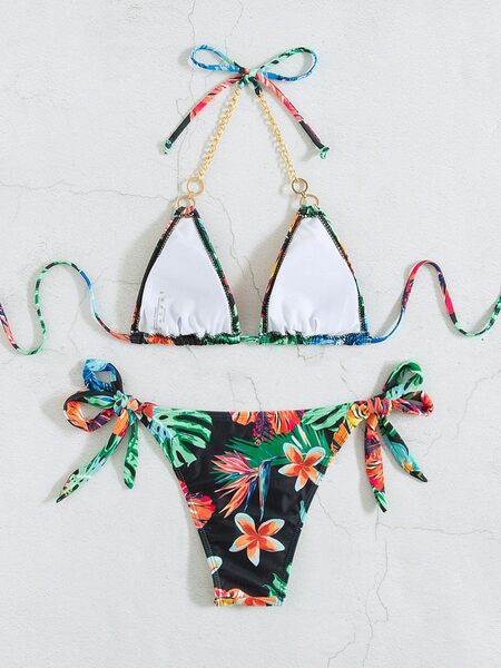 Női színes fürdőruha két részből, megkötővel és fém lánccal