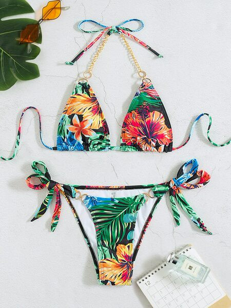 Női színes fürdőruha két részből, megkötővel és fém lánccal