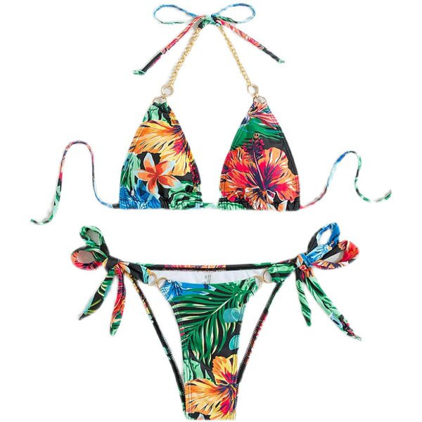 Női színes fürdőruha két részből, megkötővel és fém lánccal