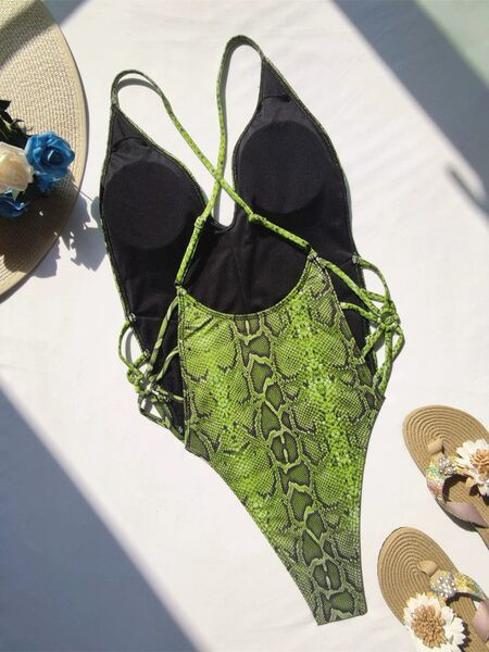 Egész női fürdőruha nyakkendővel - állatmintás