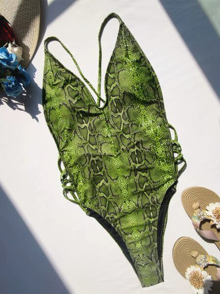 Egész női fürdőruha nyakkendővel - állatmintás