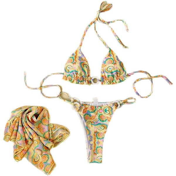 Női strand szett három részből - fürdőruha fém elemmel és pareóval