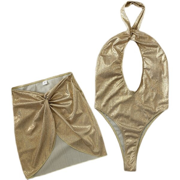 Täielik kuldset värvi ujumistrikoo ristatud rihmadega