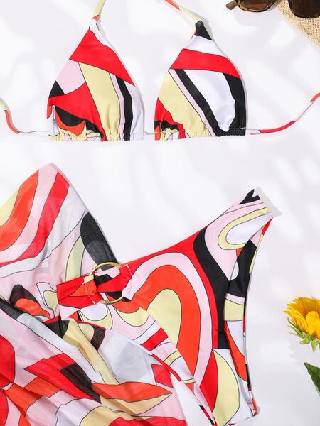 Új modell fürdőruha három részből, nyakkendővel és fém gyűrűvel nőknek