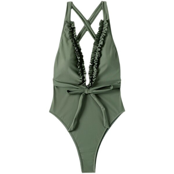 Egy egész női fürdőruha mély nyakkivágással és fürtökkel