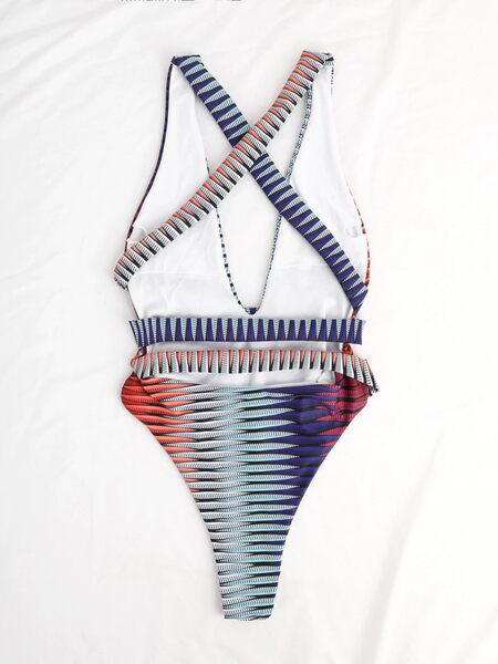 Női fürdőruha V-nyakú és keresztpántokkal a hátán