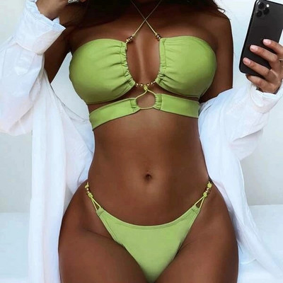 Costum de baie de dama de culoare verde cu cravate