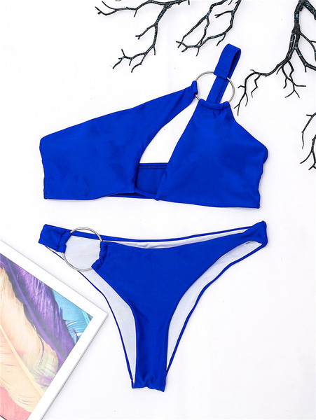 Modern női fürdőruha fém gyűrűvel - kék színű