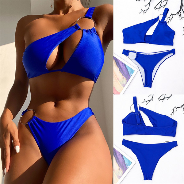 Modern női fürdőruha fém gyűrűvel - kék színű