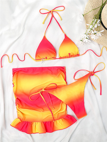 Naiste sillerdavates värvides rannakomplekt - ujumistrikoo ja lokkidega seelik