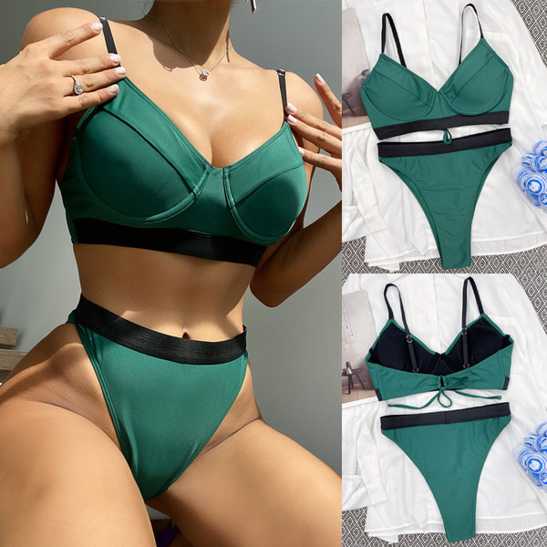 Ujumiskostüüm kaheosalise rinnaga ülaosaga ja kõrge vöökohaga alt