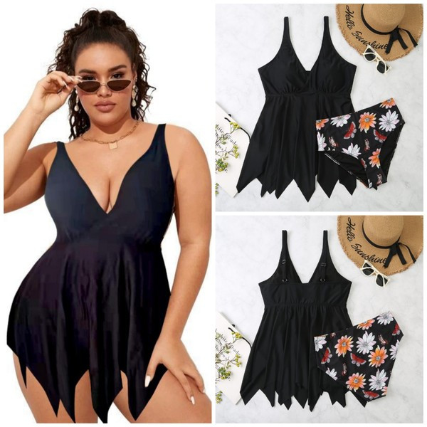 Kétrészes női fürdőruha virágos motívumokkal, V-nyakkal