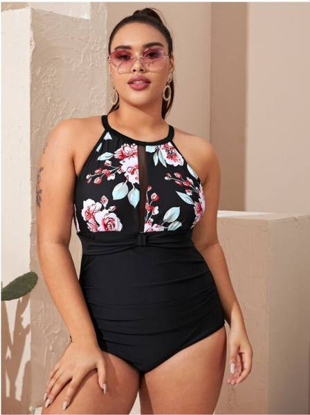 Virágmintás női fürdőruha fekete színben