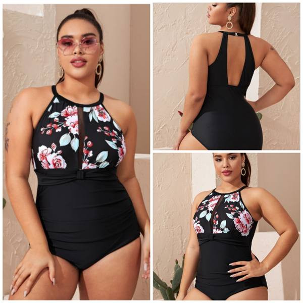 Virágmintás női fürdőruha fekete színben