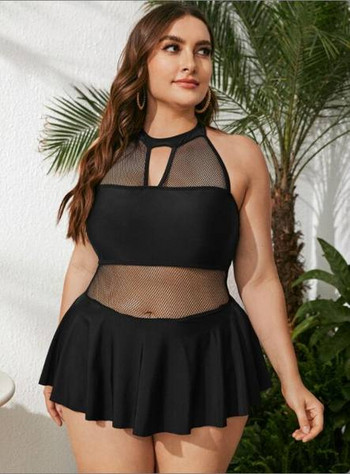 Нов модел дамски бански костюм с мрежа в черен цвят 