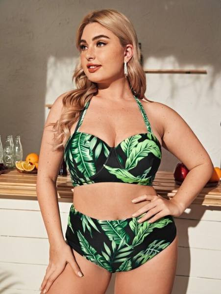 Naiste moodne kaheosaline kõrge vöökoha ja aplikatsiooniga ujumistrikoo