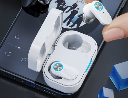 Vezeték nélküli Bluetooth headset dobozzal és érintőképernyővel