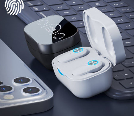 Vezeték nélküli Bluetooth headset dobozzal és érintőképernyővel