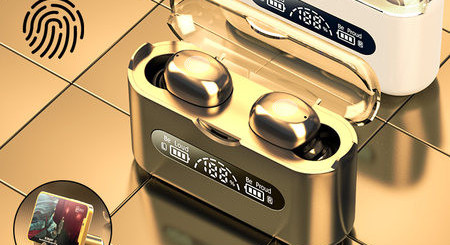 Vezeték nélküli Bluetooth headset dobozzal és érintésvezérléssel