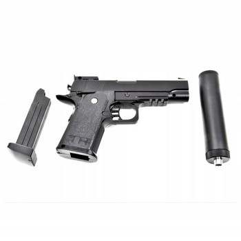 Детска играчка пистолет, Спрингов еърсофт, Със заглушител, Метал/Пластмаса