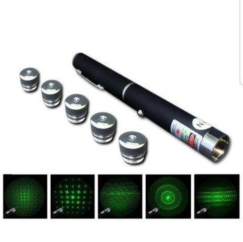 Лазерна показалка, Зелена, 5mW, 5 приставки, 2 батерии комплект
