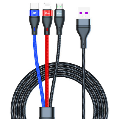 3 az 1-ben USB-kábel a gyorstöltéshez - C típusú, Lightning, Micro