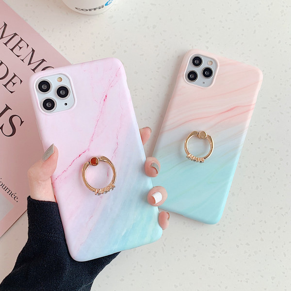 Θήκη σιλικόνης με μαρμάρινο εφέ και μεταλλικό δαχτυλίδι για iPhone