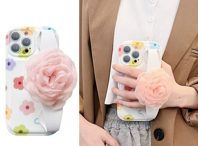 Силиконов калъф с държач и 3D декорация цвете за IPhone