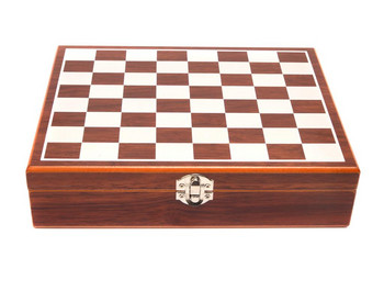 Комплект за шах с карти и зарчета, Дървен, В кутия, Кафяв