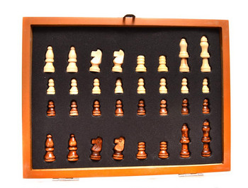 Комплект за шах с карти и зарчета, Дървен, В кутия, Кафяв