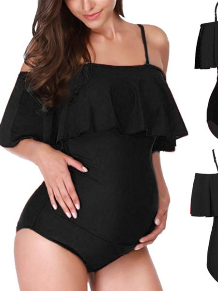 Vientisas maudymosi kostiumėlis su garbanomis nėščiosioms