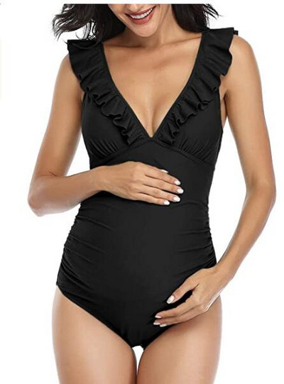 Costum de baie de maternitate dintr-o bucată, cu bucle și decolteu adânc
