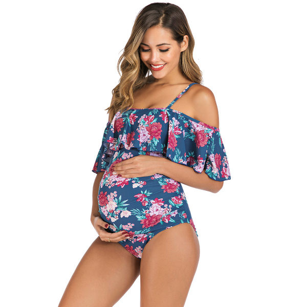 Ženski jednodijelni kupaći kostim sa cvjetnim motivima i kovrčama, pogodan za trudnice