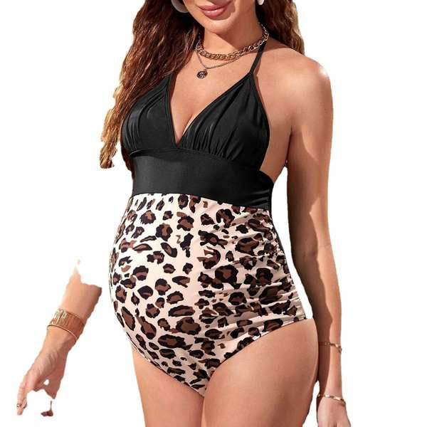 Цял бански с животински принт и гол гръб за бременни